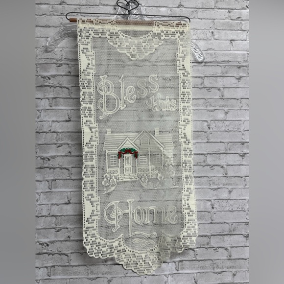 Lace Wall Hanging Bless This Home 29 in X 13 in Ecru Embroidered Garland Vintage - Picture 2 of 7